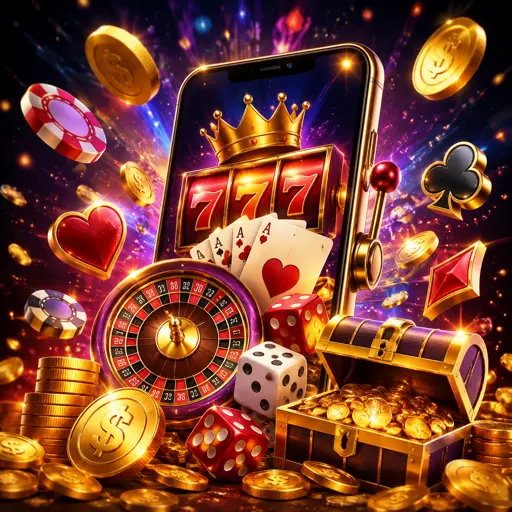 Celular exibindo a tela inicial do app em tema escuro com catálogo de slots